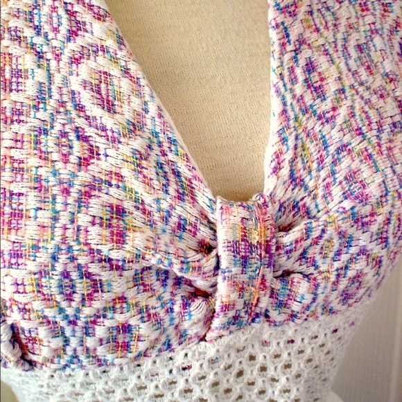 Vintage WHITE Crochet Halter Sun Dress Hanky Hem - Picture 4 of 16